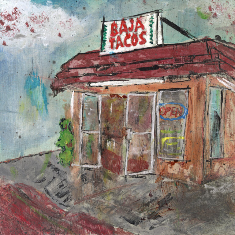 Baja Tacos, Santa Fe mixed media painting on 8"x8" wood panel