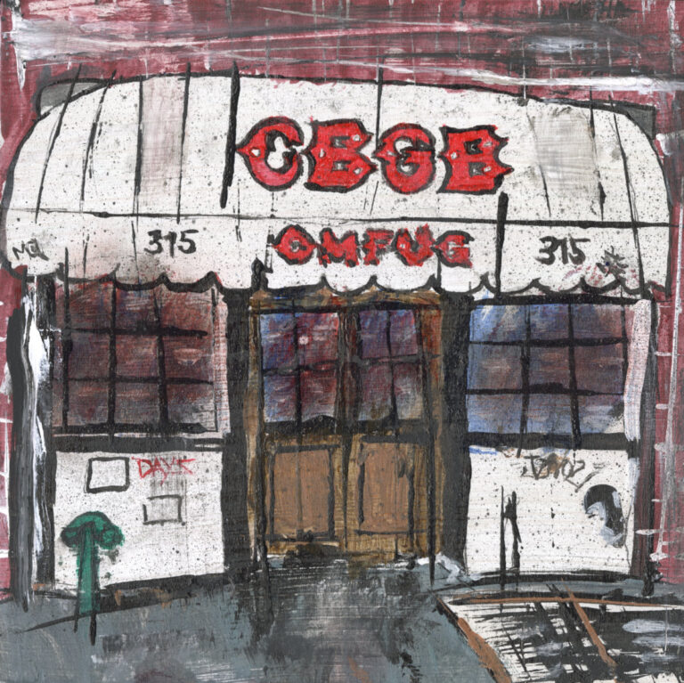 CBGB, NYC mixed media painting on 8"x8" wood panel