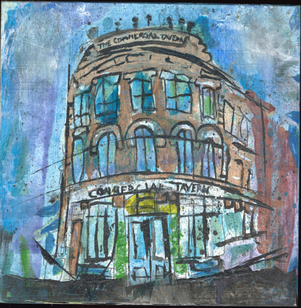 Commercial Tavern, London mixed media painting on 8"x8" wood panel by Rick Casados