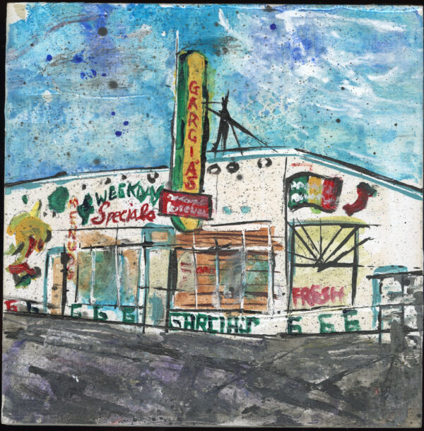 Garcias, Albuquerque mixed media painting on 8"x8" wood panel by Rick Casados