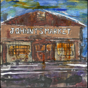 Johnny's Market, Santa Fe mixed media painting on 8"x8" wood panel by Rick Casados