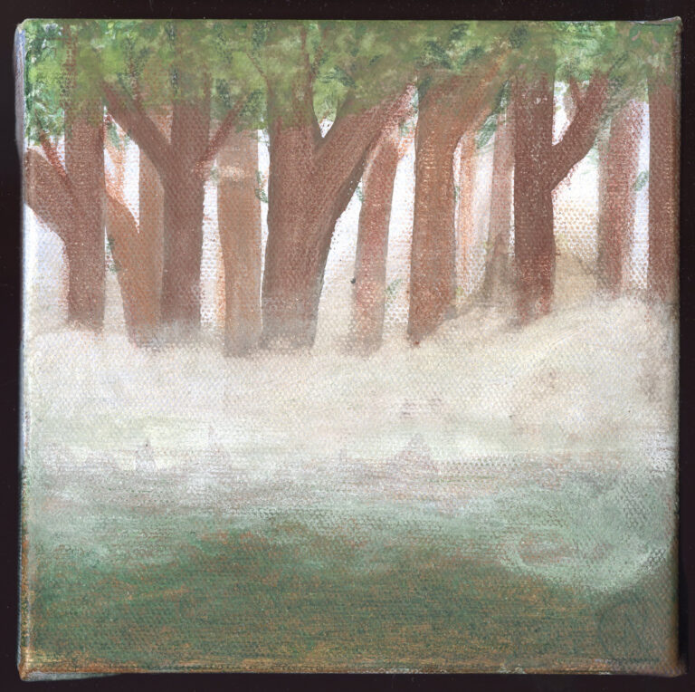 Acrylic and colored pencil painting "Misty Forest" by Niko Casados