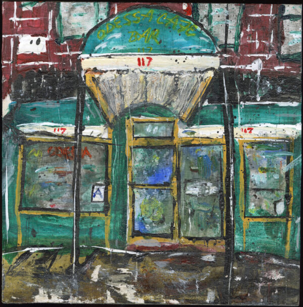 Odessa Cafe / Bar, NYC mixed media painting on 8"x8" wood panel by Rick Casados