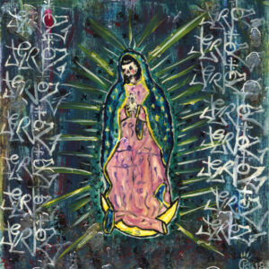 Skeleton Lady of Guadalupe mixed media painting on 12"x12" canvas board by Rick Casados