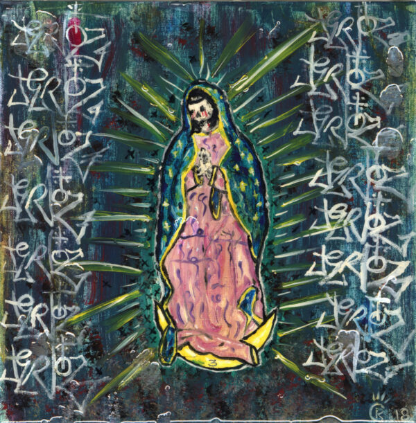 Skeleton Lady of Guadalupe mixed media painting on 12"x12" canvas board by Rick Casados